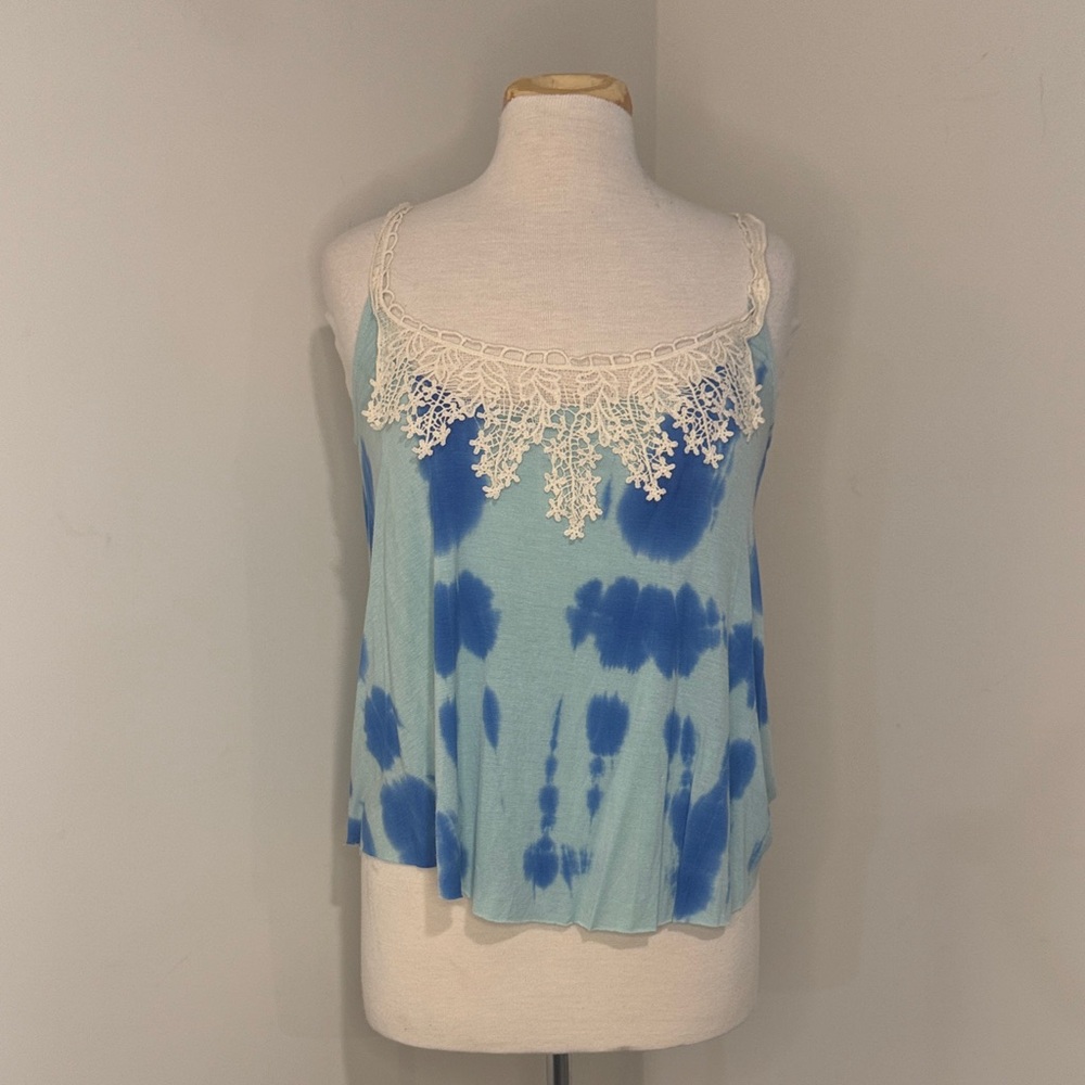 Blue Tie-Dye Lace Trim Women's Top